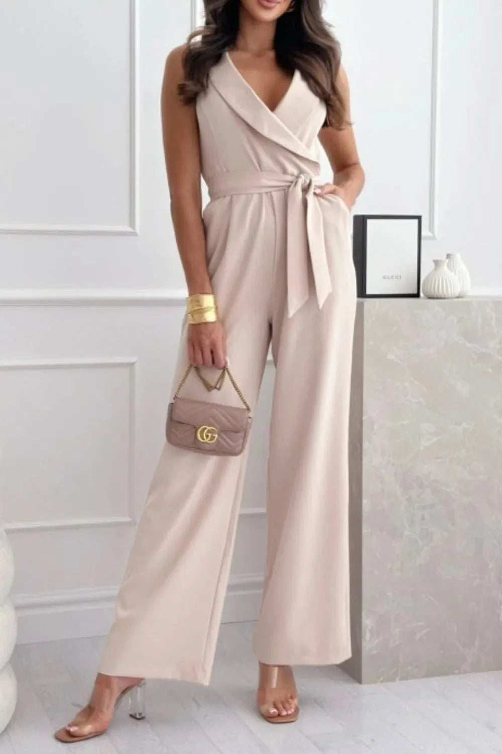 Surplice Sleeveless Wide Leg Jumpsuit - Trendsi - Flyclothing LLC