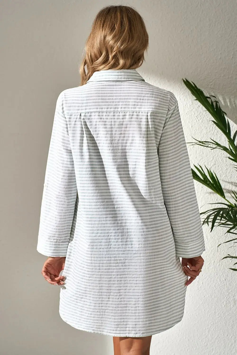 Striped Johnny Collar Long Sleeve Mini Shirt Dress - Trendsi - Flyclothing LLC