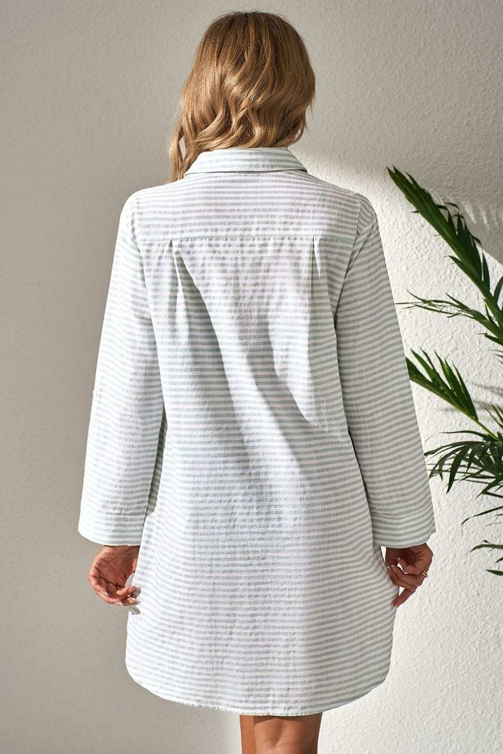 Striped Johnny Collar Long Sleeve Mini Shirt Dress - Trendsi - Flyclothing LLC