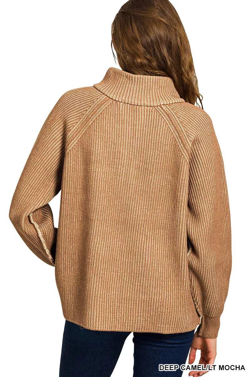 Zenana Ribbed Two Tone Half Zip Sweater - Trendsi - Flyclothing LLC