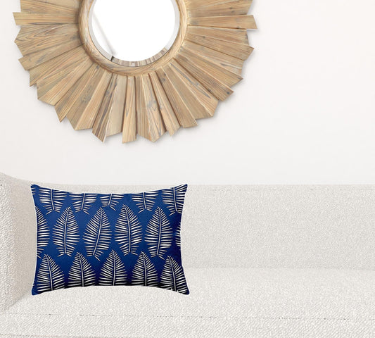 14" X 20" Blue And White Enveloped Tropical Lumbar Indoor Outdoor Pillow - Homeroots