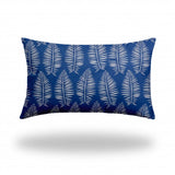 16" X 26" Blue And White Enveloped Tropical Lumbar Indoor Outdoor Pillow