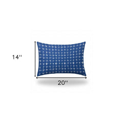 14" X 20" Blue And White Blown Seam Gingham Lumbar Indoor Outdoor Pillow