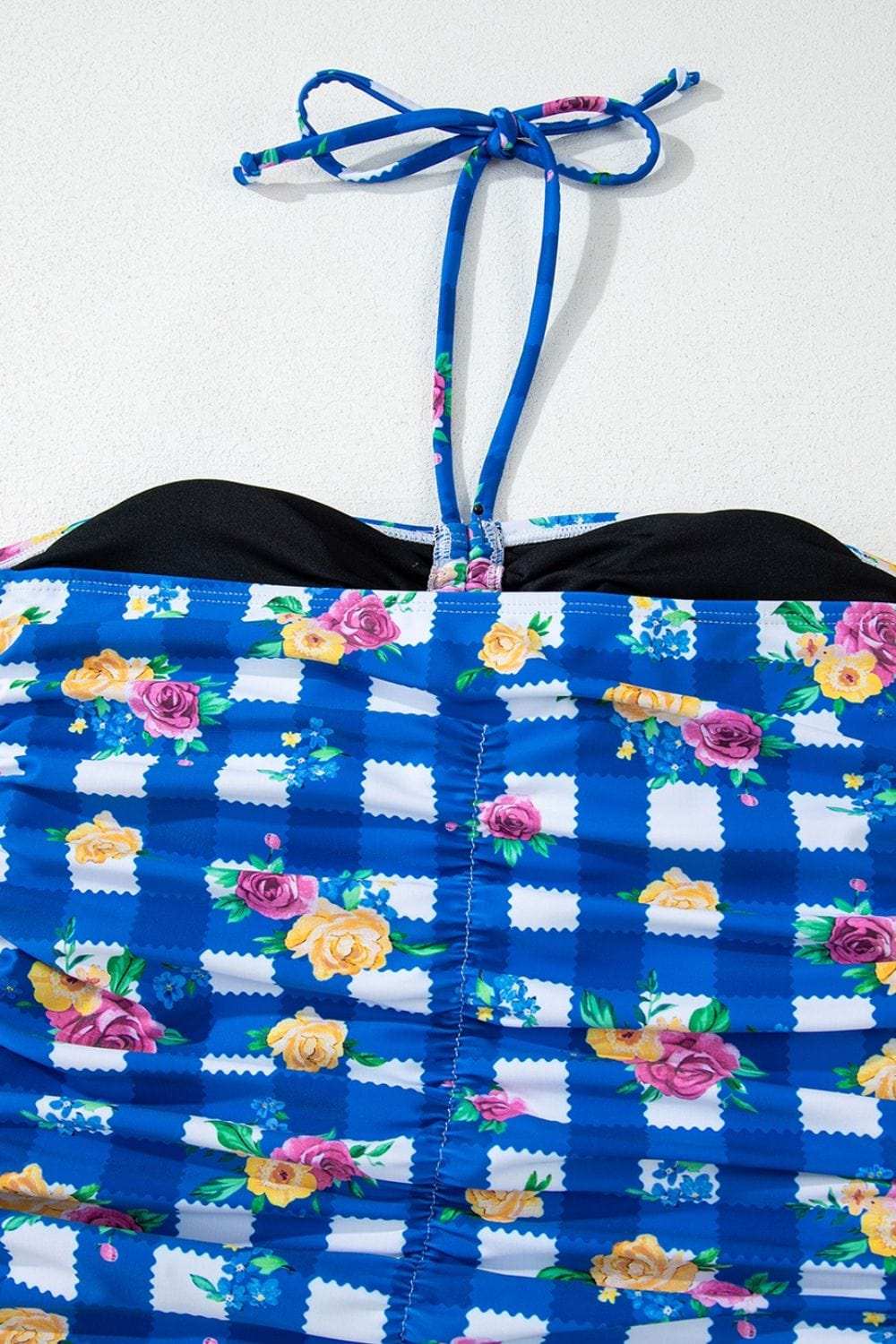 Floral Gingham Halter Neck Drawstring One Piece Swimwear - Trendsi - Flyclothing LLC