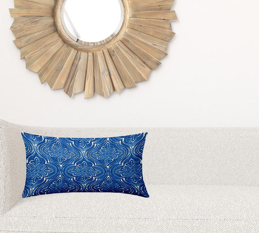 14" X 24" Blue And White Blown Seam Ikat Lumbar Indoor Outdoor Pillow - Homeroots