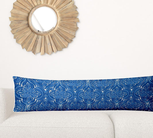 12" X 48" Blue And White Blown Seam Ikat Lumbar Indoor Outdoor Pillow - Homeroots
