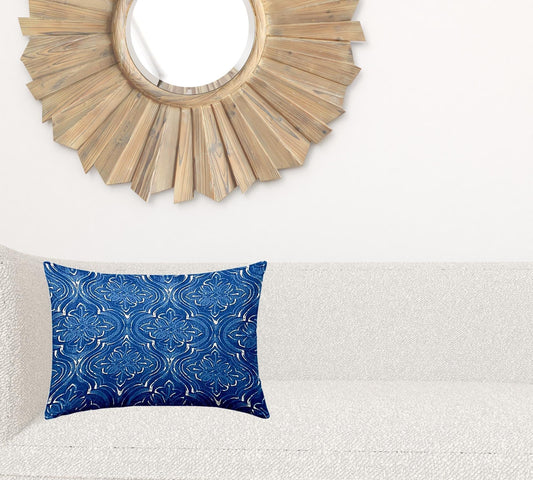 14" X 20" Blue And White Blown Seam Ikat Lumbar Indoor Outdoor Pillow - Homeroots