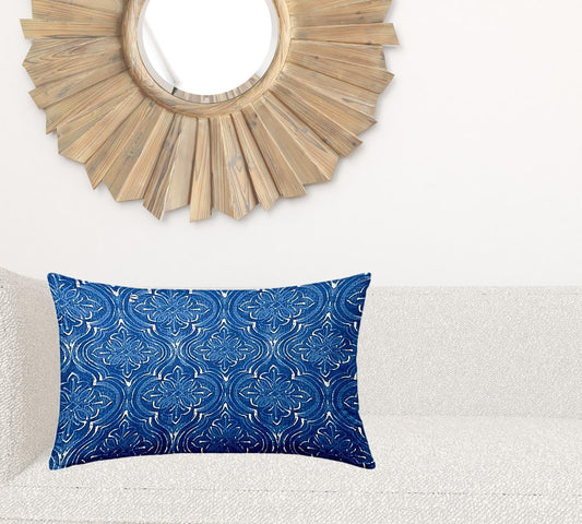 16" X 26" Blue And White Blown Seam Ikat Lumbar Indoor Outdoor Pillow - Homeroots