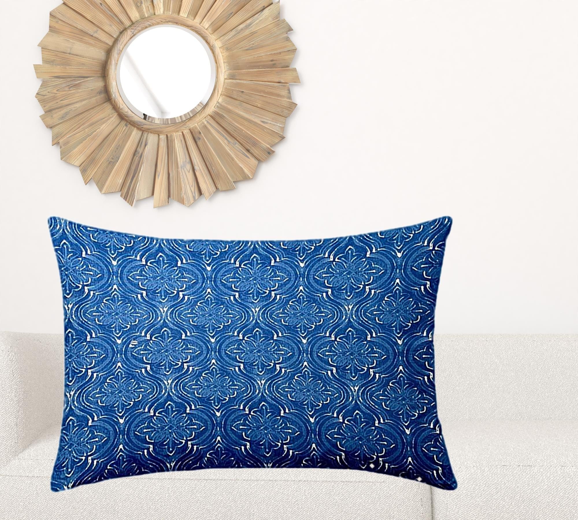 24" X 36" Blue And White Blown Seam Ikat Lumbar Indoor Outdoor Pillow - Homeroots