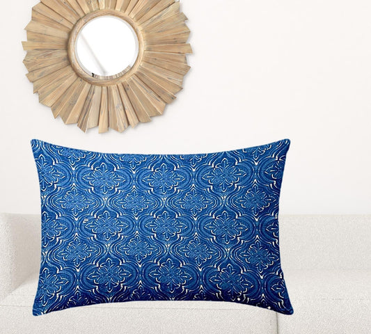 24" X 36" Blue And White Blown Seam Ikat Lumbar Indoor Outdoor Pillow - Homeroots