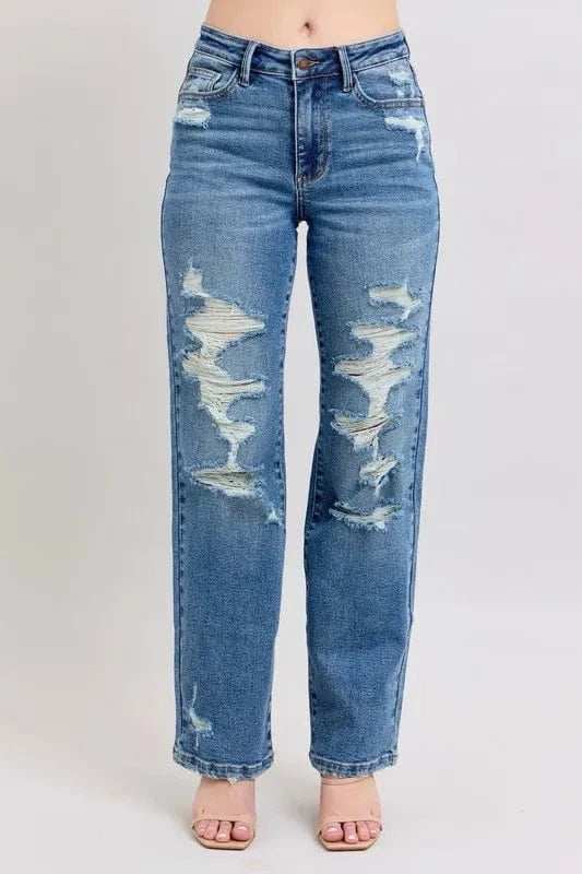 Judy Blue Full Size High Waist Heavy Destroy Straight Jeans Plus Size - Trendsi - Flyclothing LLC