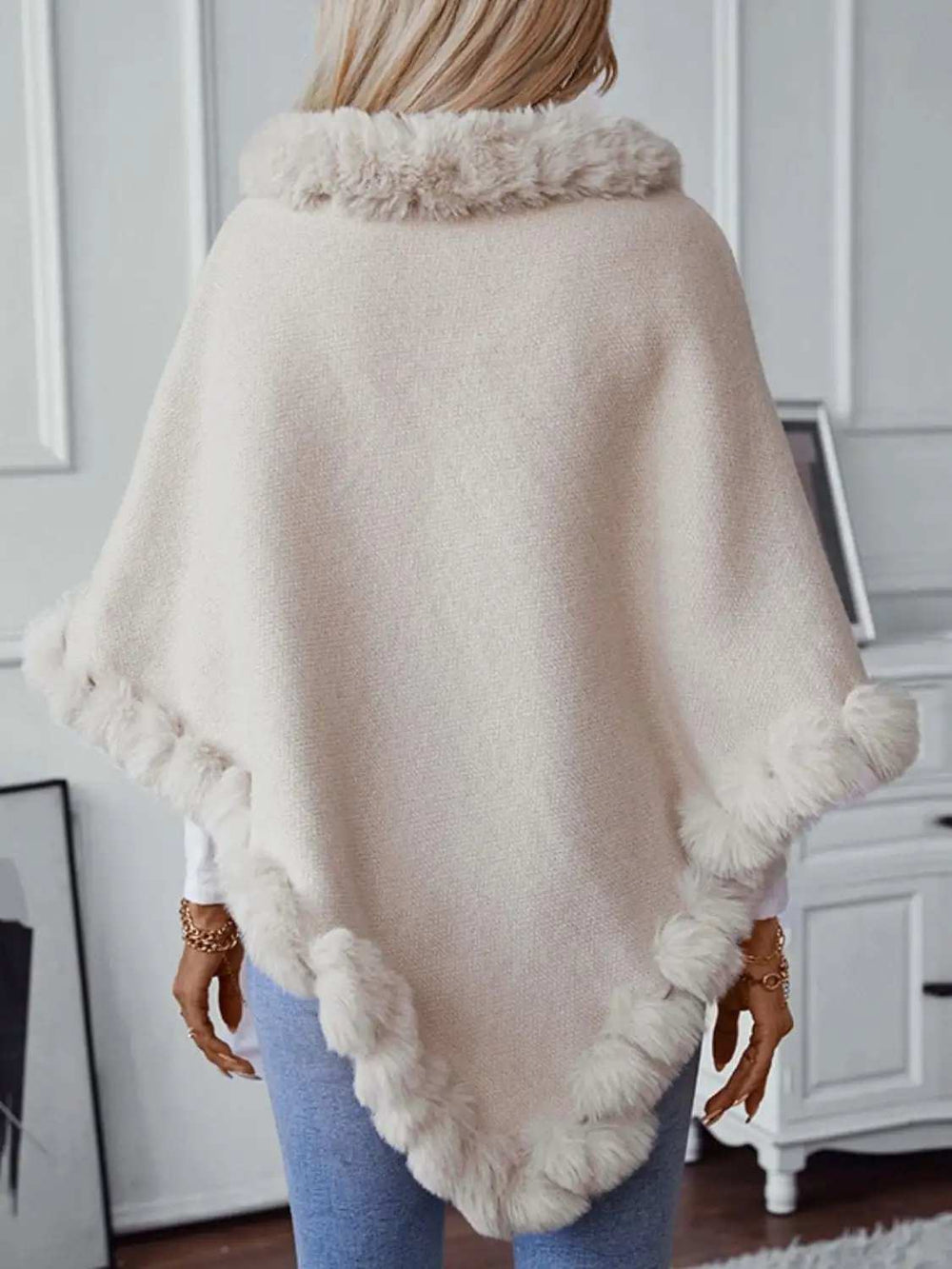 Fuzzy Trim Texture Three-Quarter Sleeve Poncho - Trendsi - Flyclothing LLC
