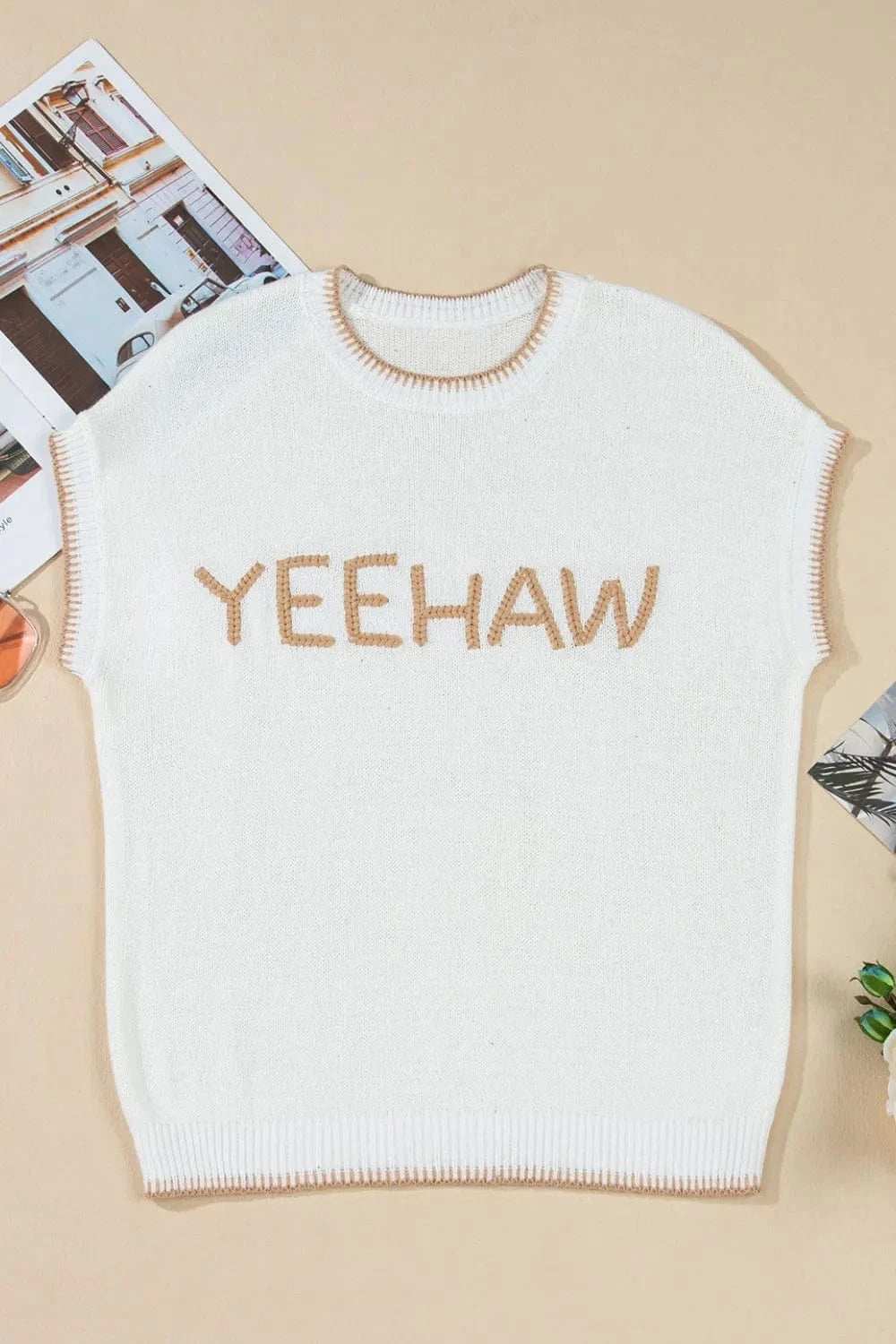 YEEHAW Stitch Edge Crew Neck Knit Top - Trendsi - Flyclothing LLC