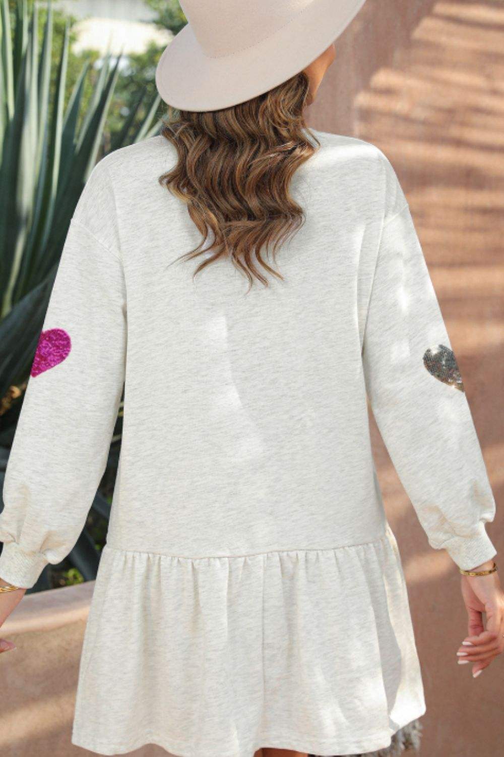 Sequin Heart Round Neck Long Sleeve Mini Dress - Trendsi - Flyclothing LLC