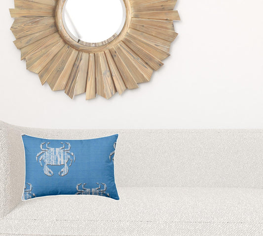 12" X 18" Blue And White Crab Enveloped Coastal Lumbar Indoor Outdoor Pillow - Homeroots