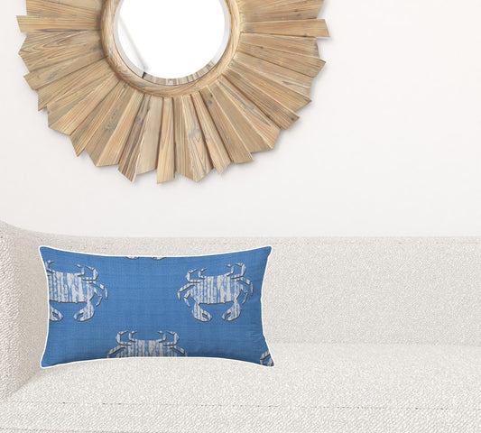 14" X 24" Blue And White Crab Enveloped Coastal Lumbar Indoor Outdoor Pillow - Homeroots