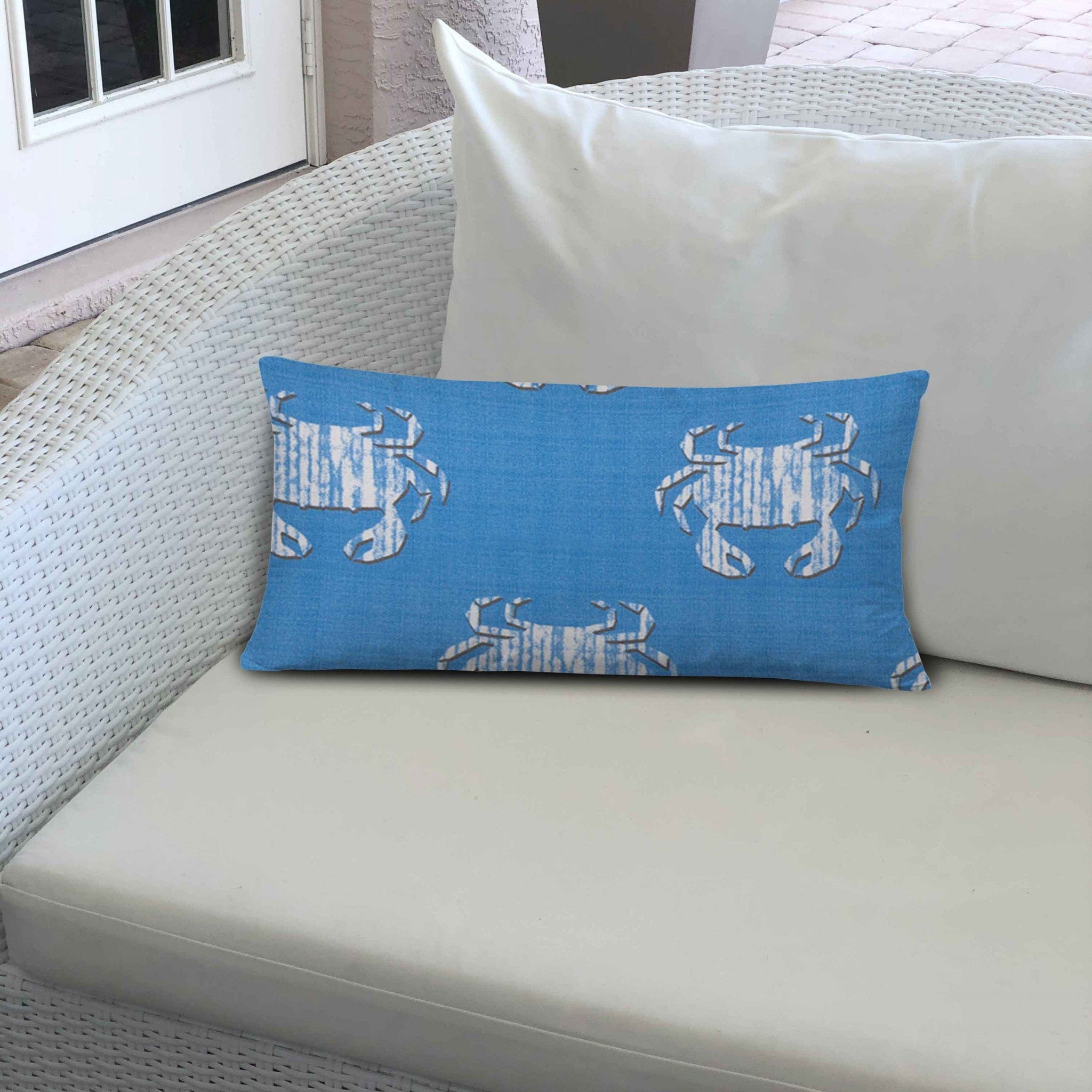 14" X 24" Blue And White Crab Blown Seam Coastal Lumbar Indoor Outdoor Pillow - Homeroots
