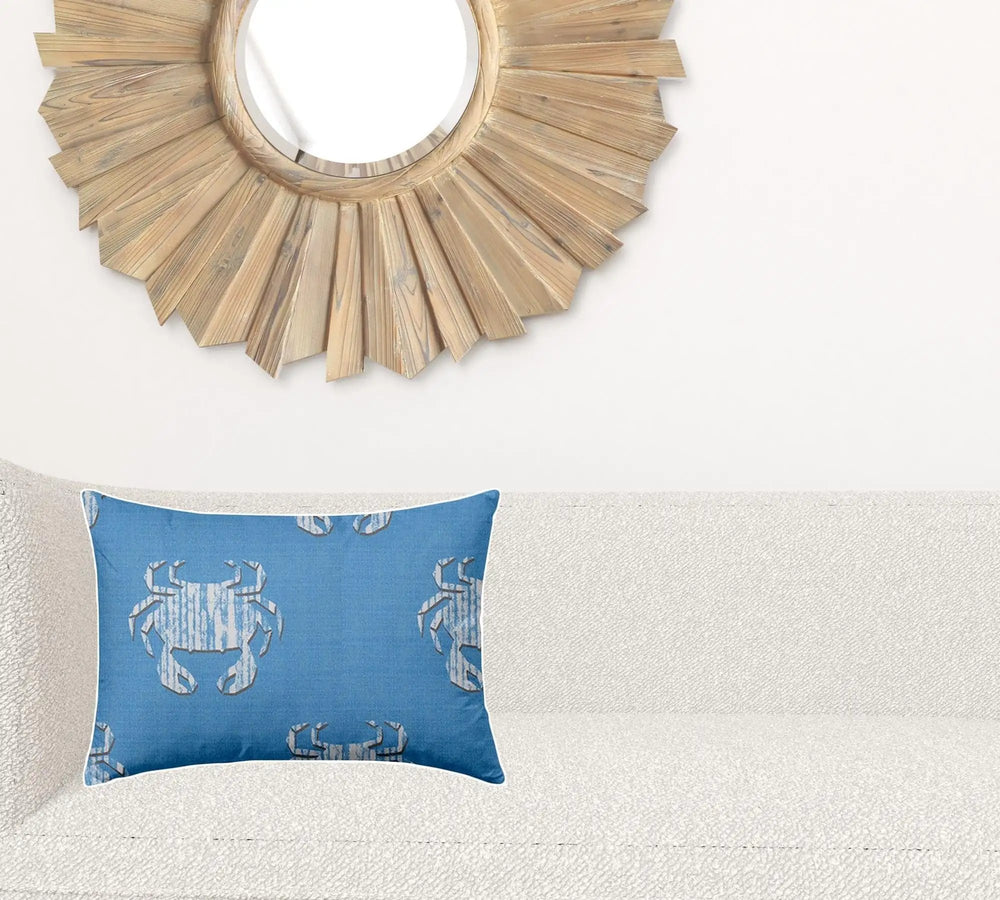 14" X 20" Blue And White Crab Enveloped Coastal Lumbar Indoor Outdoor Pillow - Homeroots - Flyclothing LLC