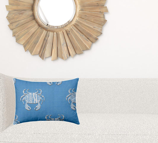 14" X 20" Blue And White Crab Enveloped Coastal Lumbar Indoor Outdoor Pillow - Homeroots