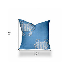 12" X 12" Blue And White Crab Enveloped Coastal Throw Indoor Outdoor Pillow - Homeroots