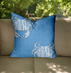 12" Blue and White Crab Crab Coastal Indoor Outdoor Throw Pillow - Homeroots