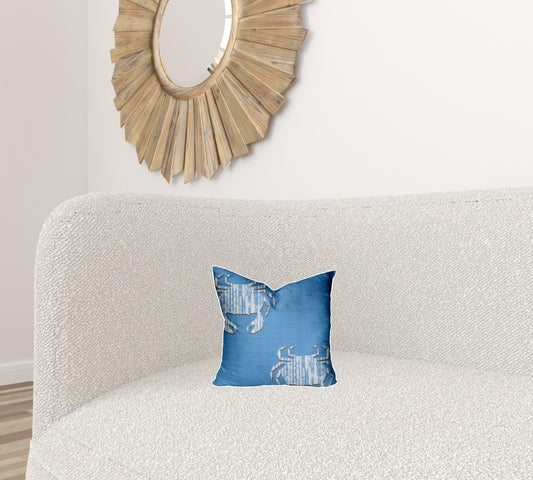 12" X 12" Blue And White Crab Zippered Coastal Throw Indoor Outdoor Pillow - Homeroots