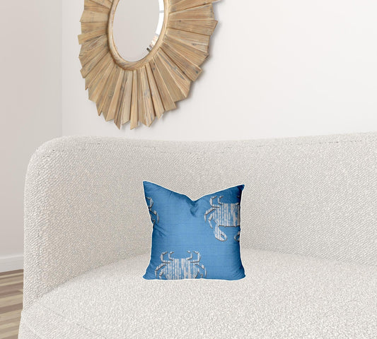 14" X 14" Blue And White Crab Enveloped Coastal Throw Indoor Outdoor Pillow - Homeroots
