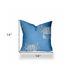 14" X 14" Blue And White Crab Blown Seam Coastal Throw Indoor Outdoor Pillow - Homeroots