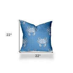 22" X 22" Blue And White Crab Enveloped Coastal Throw Indoor Outdoor Pillow - Homeroots
