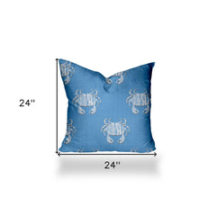 24" X 24" Blue And White Crab Enveloped Coastal Throw Indoor Outdoor Pillow - Homeroots