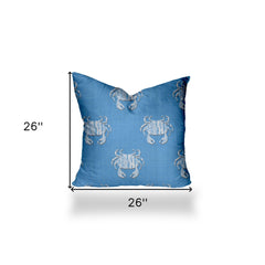 26" X 26" Blue And White Crab Blown Seam Coastal Throw Indoor Outdoor Pillow - Homeroots