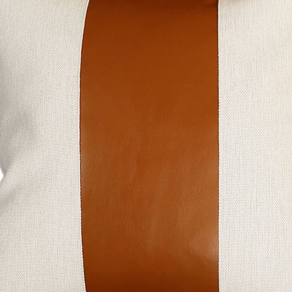 20" X 20" Brown and Ivory Faux Leather Zippered Pillow Cover - Homeroots