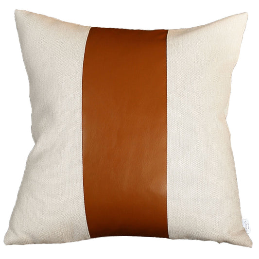20" X 20" Brown and Ivory Faux Leather Zippered Pillow - Homeroots