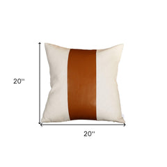 20" X 20" Brown and Ivory Faux Leather Zippered Pillow - Homeroots