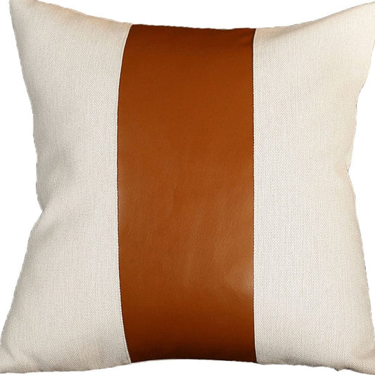 20" X 20" Brown and Ivory Faux Leather Zippered Pillow - Homeroots