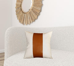 20" X 20" Brown and Ivory Faux Leather Zippered Pillow - Homeroots