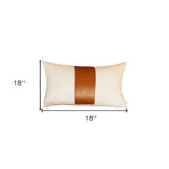 Set Of Four 18" X 18" Brown and Ivory Faux Leather Zippered Pillow