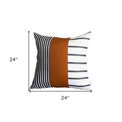 24" X 24" Brown and White Faux Leather Striped Zippered Pillow Cover - Homeroots