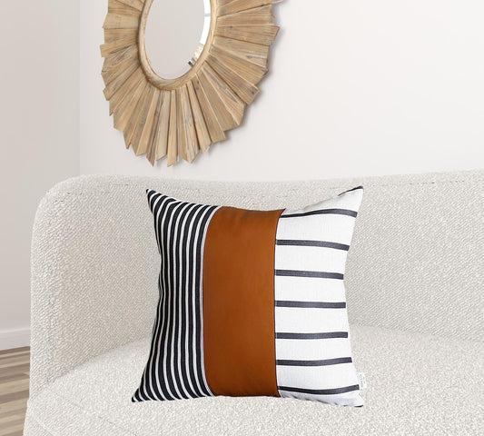 24" X 24" Brown and White Faux Leather Striped Zippered Pillow Cover - Homeroots