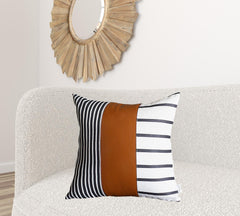 24" X 24" Brown and White Faux Leather Striped Zippered Pillow Cover - Homeroots