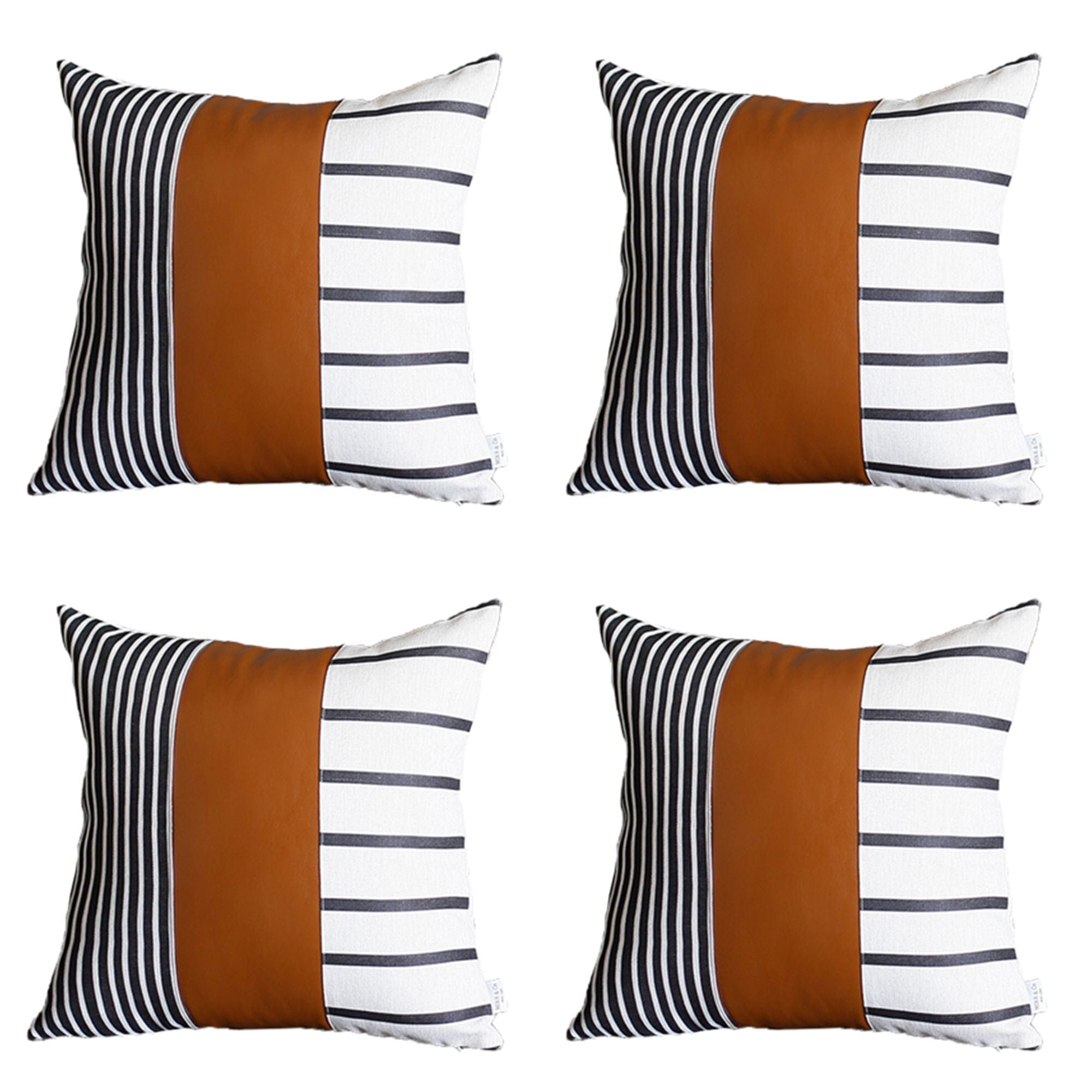 Set Of Four 20" X 20" Brown Faux Leather Striped Zippered Pillow
