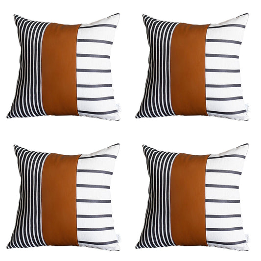 Set Of Four 20" X 20" Brown Faux Leather Striped Zippered Pillow