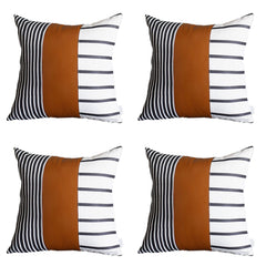 Set Of Four 20" X 20" Brown Faux Leather Striped Zippered Pillow