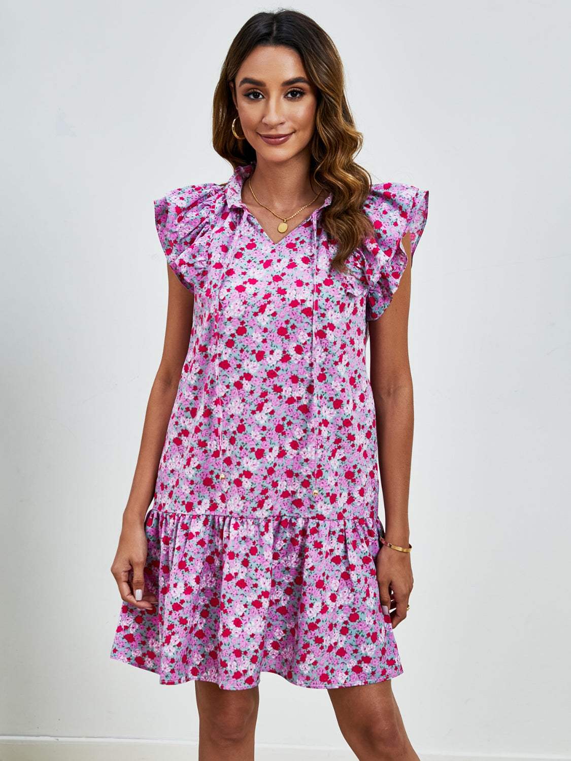 Tied Floral Cap Sleeve Mini Dress - Trendsi - Flyclothing LLC
