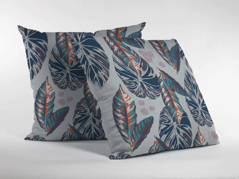 16” Blue Gray Tropical Leaf Zippered Suede Throw Pillow - Homeroots - Flyclothing LLC