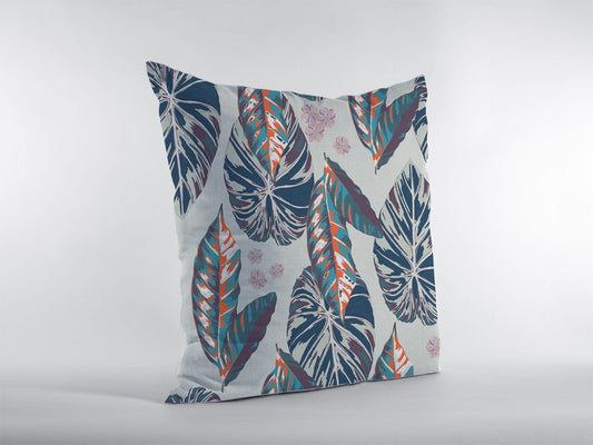 18” Blue Gray Tropical Leaf Zippered Suede Throw Pillow - Homeroots