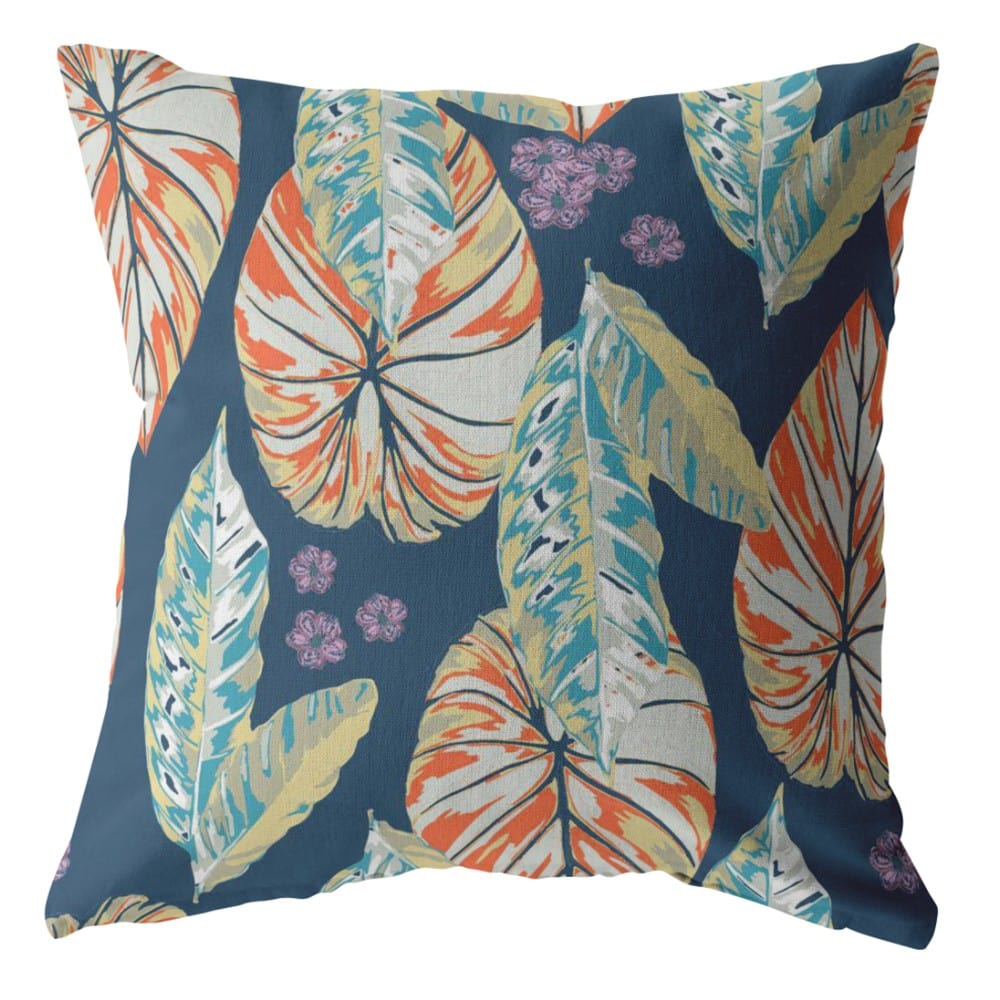 16” Orange Blue Tropical Leaf Zippered Suede Throw Pillow - Homeroots