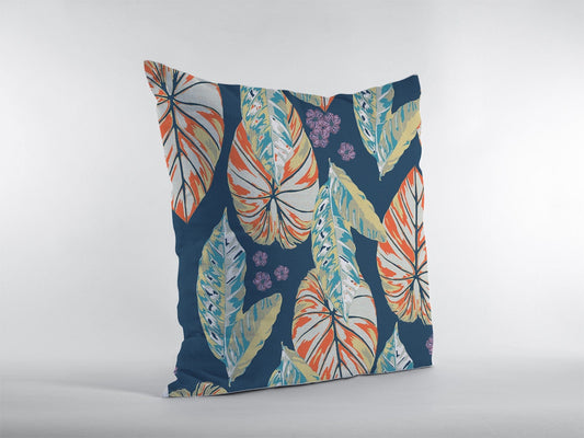 18” Orange Blue Tropical Leaf Zippered Suede Throw Pillow - Homeroots
