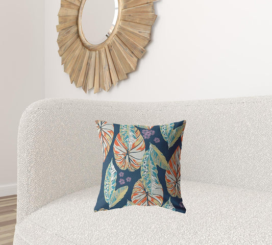 18” Orange Blue Tropical Leaf Zippered Suede Throw Pillow - Homeroots