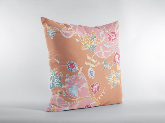 16" Pink Orange Garden Zippered Suede Throw Pillow - Homeroots